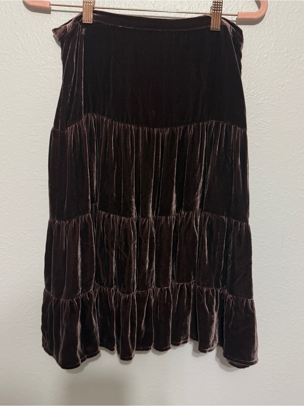 BCBGMaxAzria Silk Blend Tiered Brown Velvet Peasant Skirt Size 0 70s Boho 90s - Picture 2 of 8